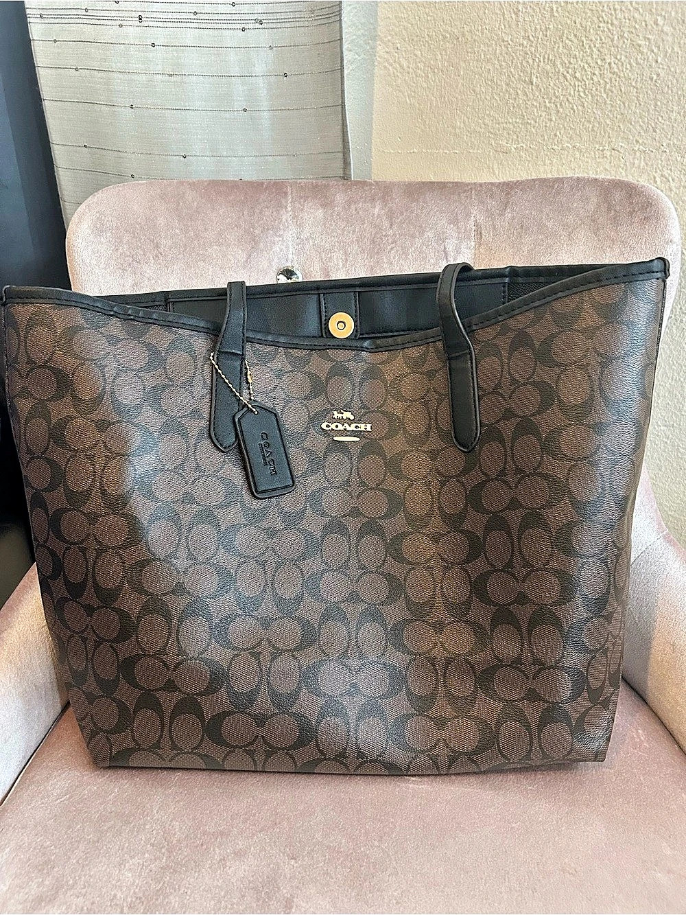 Large Coach City Tote In Signature Canvas Tote Brown & Black